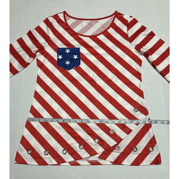 Womens Modlily Patriotic Flag Print T Shirt Top 3/4 Sleeve Bottom Ring Detail M - Picture 8 of 11